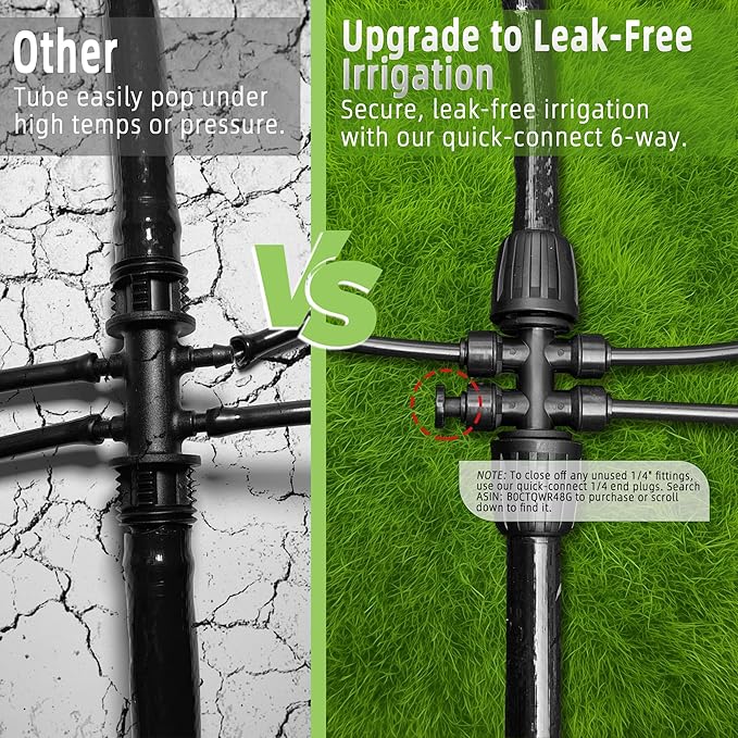 6 Pack 1/2'' to 1/4'' Drip Irrigation Fittings, Push-to-Fit 6 Way Drip Irrigation Part Barbed Tee Connectors, Anti-Leak Locked Splitter Fitting for 1/2" Irrigation Tubing (0.6''-0.67''OD)