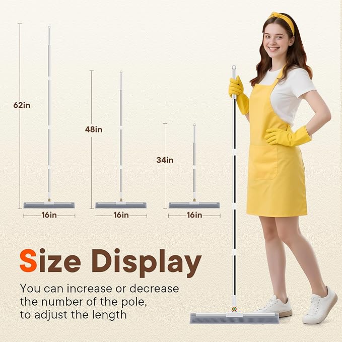 Floor Squeegee for Concrete Floors, 180° Rotating Silicone Broom, Squeegee for Floor with Long Handle and Textured Squeegee Design, Water and Pet Hair Remover for Bathroom Floors, Tile, Deck and Glass