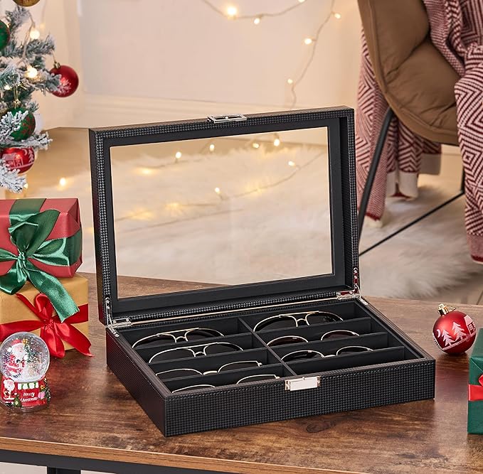 BEWISHOME Glasses Organizer for Men, Sunglasses Organizer, 8-Slot Sunglasses Storage Case with Large Clear Glass Lid, PU Leather Lined Eyewear Display Box