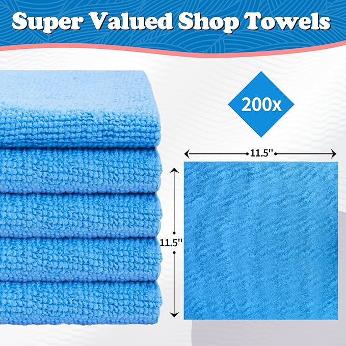 FIXSMITH Shop Towels, Microfiber Cleaning Cloth Bulk, 200 Pack Microfiber Towels for Cars, All-Purpose Absorbent Cleaning Rags, Dust Cloth for Automotive, Mechanic, Garage, Bar, 11.5 x 11.5 inch