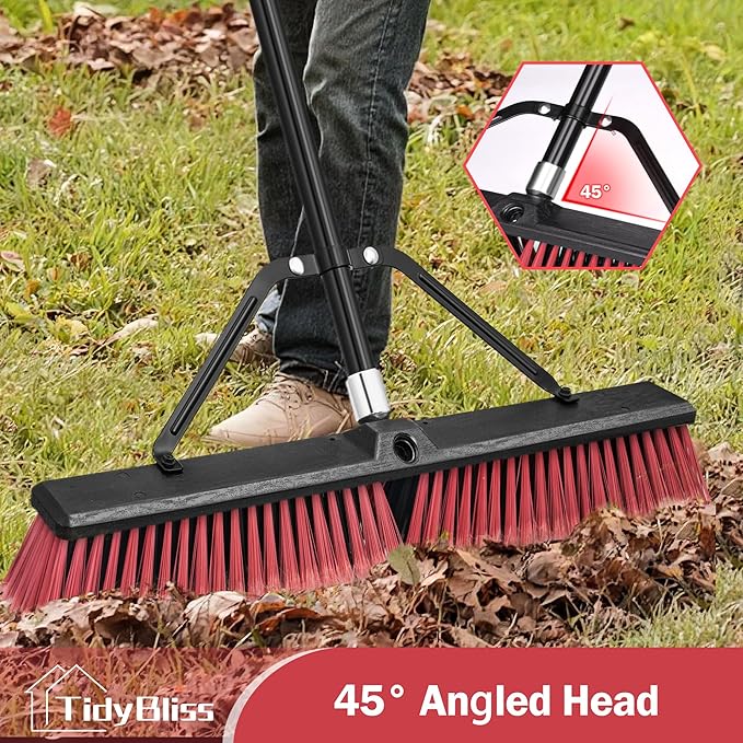 24” Push Broom Outdoor Heavy Duty 2 Pack, Large Commercial Stiff Bristle Brush with 63 inches Long Handle for Garage Shop Garden Yard Patio Deck Street Warehouse Lawn Driveway (Red)