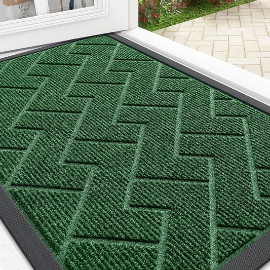 OLANLY Front Door Mat Indoor Outdoor Entrance, Waterproof All-Season, All-Weather Doormat, Sturdy Natural Rubber, Low Profile, Easy Clean Patio Porch Entryway Mat, Herringbone Brick (Green, 29.5x17)