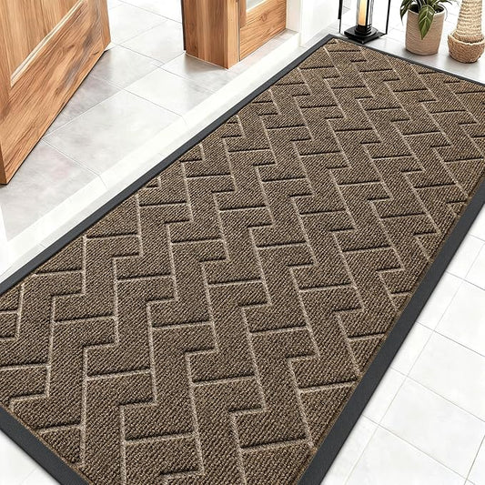 OLANLY Front Door Mat Indoor Outdoor Entrance, Waterproof All-Season, All-Weather Doormat, Sturdy Natural Rubber, Low Profile, Easy Clean Patio Porch Entryway Mat, Herringbone Brick (Brown, 59x23)