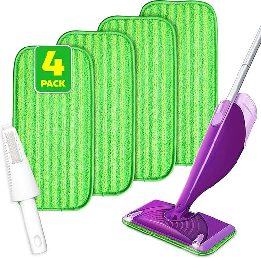 4 Pack Reusable Mop Pads, Compatible with Wet Jet, Wet Pads Refill for WetJet, Microfiber Cloths for Hardwood Floors Cleaning, Machine Washable Mop Pads, Wet Dry Use, Scraper Included