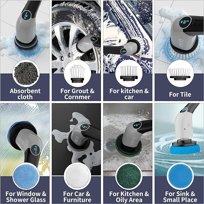 YKYI Electric Spin Scrubber-Cordless Power Scrubber with 8 Brush Heads, 3 Speeds & Adjustable Long Handle, IPX7 Waterproof Shower Cleaning Brush for Bathroom Tile, Bathtub, Grout, Kitchen(Grey)