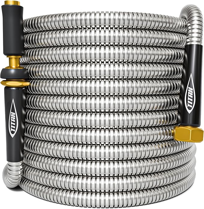 TITAN Garden Hose 65FT - 304 Stainless Steel Metal Water Hose, Flexible, Kink-Free, Lightweight, Durable, Crush Resistant Fittings, Easy to Coil, 500 PSI