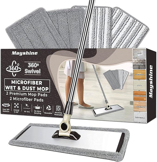 MAYSHINE 18" 360 Spin Microfiber Mop System w/ 2 Premium and 2 Standard Microfiber Pads | Use on Hardwood, Tile, Laminate, Vinyl Wet or Dry | Flat Dust Mop with 67" Extendable Steel Handle