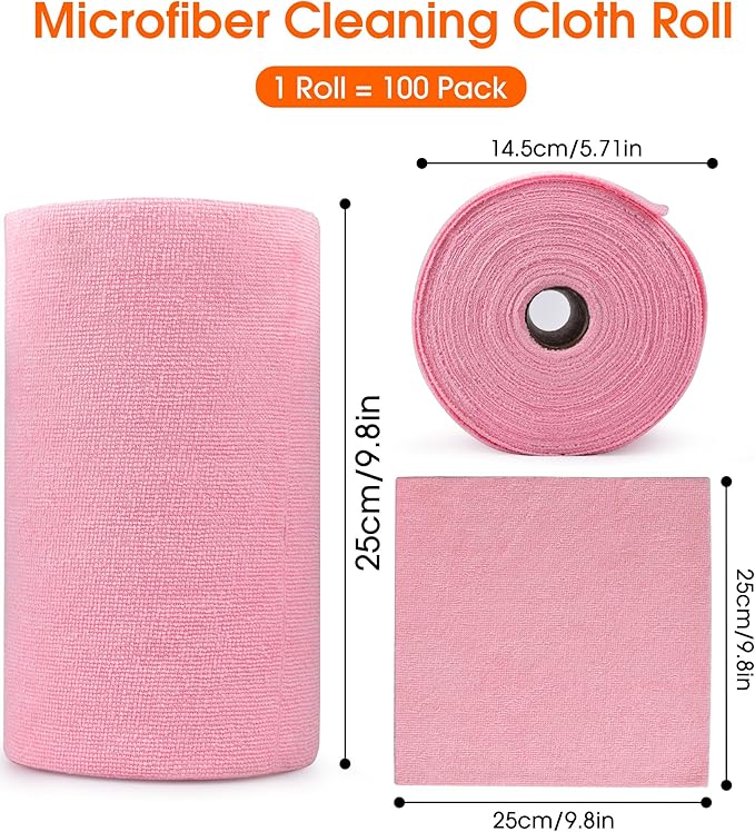 Microfiber Cleaning Cloth Roll - 100 Pack Tear Away Microfiber Paper Towels, Reusable, Washable, Scratch-Free, Kitchen Towels for Car, Home, Kitchen, Glass, Dishes(Pink)