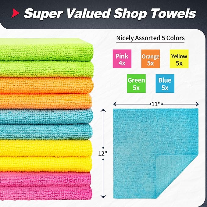 FIXSMITH Shop Towels, Microfiber Cleaning Cloth Bulk, 24 Pack Microfiber Towels for Cars, All-Purpose Absorbent Cleaning Rags, Dust Cloth for Automotive, Mechanic, Garage, Bar, 11.5 x 11.5 inch