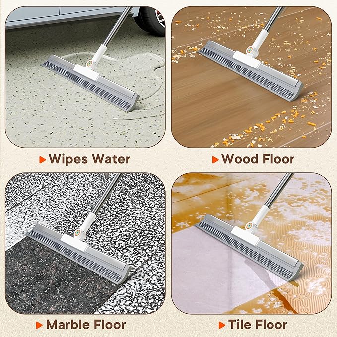 Floor Squeegee for Concrete Floors, 180° Rotating Silicone Broom, Squeegee for Floor with Long Handle and Textured Squeegee Design, Water and Pet Hair Remover for Bathroom Floors, Tile, Deck and Glass