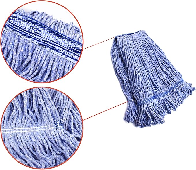 String Mop Heads Replacement Heavy Duty Commercial Grade Blue Cotton Looped End Wet Industrial Cleaning Mop Head Refills (3, Large)