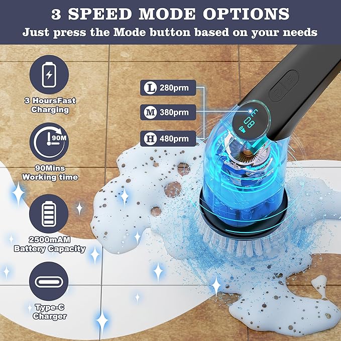 YKYI Electric Spin Scrubber-Cordless Power Scrubber with 8 Brush Heads, 3 Speeds & Adjustable Long Handle, IPX7 Waterproof Shower Cleaning Brush for Bathroom Tile, Bathtub, Grout, Kitchen(Grey)