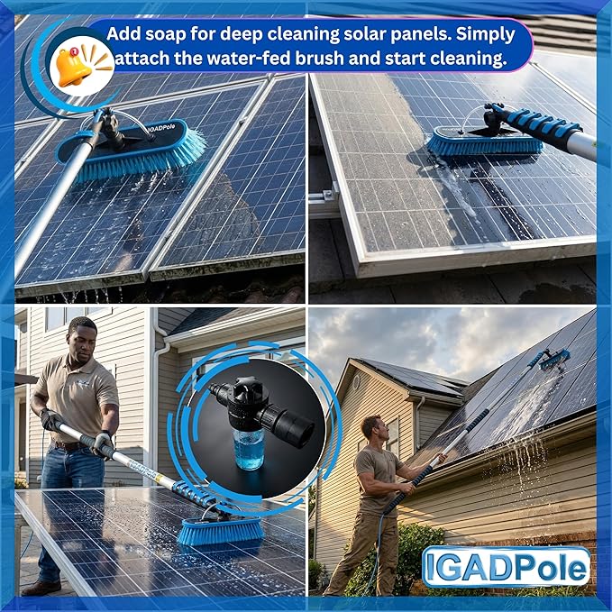 IGADPole 28 FT Water-Fed Washing Kit with Soap-Dispenser, Brush, 10″ Squeegee & Cobweb Duster for Windows, Gutters, Solar Panels & Exterior Walls