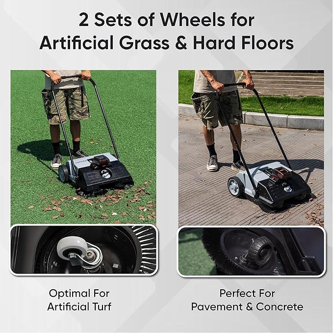 Battery Powered Artificial Grass & Hard Surface Sweeper, 22" Wide Cleaning Path, 6.5-Gal Bin, Adjustable Height, 4h Battery, Foldable, for Artificial Grass, Sidewalks, Driveways, Workshops, Garages