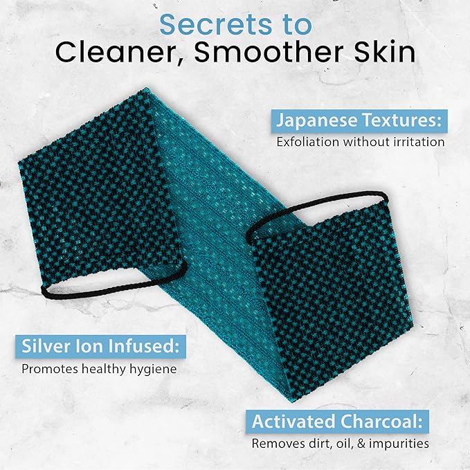 Japanese Exfoliating Washcloth for Back & Body - Charcoal & Silver Ion Exfoliating Towel - Two-Sided Gentle Exfoliation