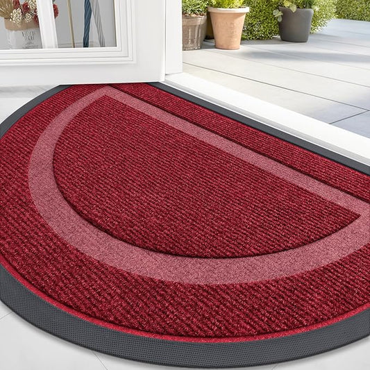 OLANLY Half Circle Door Mat Indoor Outdoor Entrance Welcome, Waterproof All-Season, All-Weather Doormat, Sturdy Natural Rubber, Low Profile, Easy Clean Patio Porch Entryway Mat, 33x21, Win Red