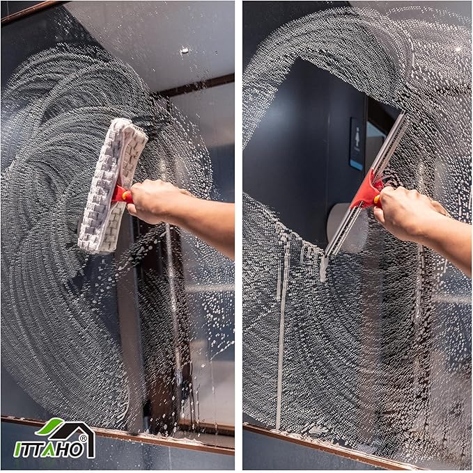 ITTAHO Squeegee for Window Cleaning, 12" Squeegee and 11" Microfiber Scrubber Combi with Stainless Steel Pole, Extendable Window Cleaner for Car, Sliding Door, Shower Glass Door-Swivel Style-2 Pads