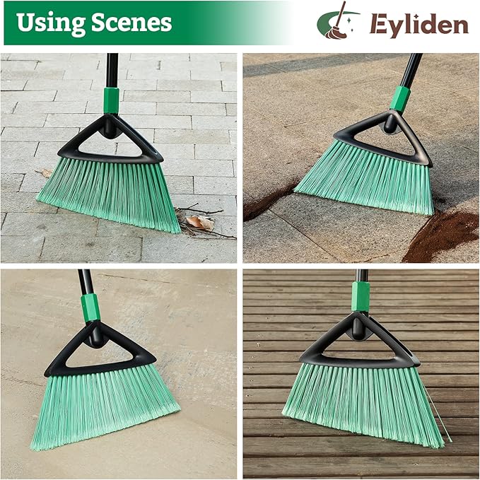 Eyliden Broom, Angle Broom with 57" Long Handle | Fit Heavy-Duty Cleaning, Also Works Well Fine Dust | Commercial Outdoor Indoor Sweeper for Courtyard Sidewalk Deck Kitchen Lobby Garage, Green