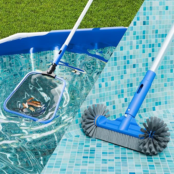 Sepetrel Deluxe Swimming Pool Cleaning Kit Including Half-Deep Fine Mesh Pool Leaf Skimmer Net,12" Round Pool Brush Head & 70.5" Pole, for Above Ground Pools,Ponds,Spas,Hot Tubs