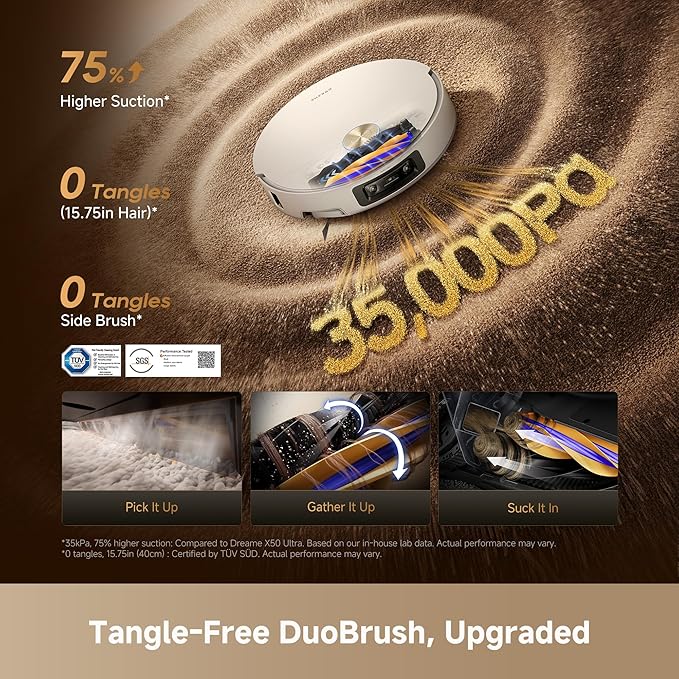 DREAME X60 Max Ultra Complete Robot Vacuum and Mop, Ultra-Thin Design, 35,000Pa Suction, Self Emptying&Refilling, Mop Self-Cleaning, 280+ Obstacle Avoidance, White