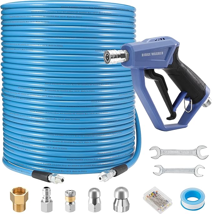 RIDGE WASHER Sewer Jetter Kit for Pressure Washer 200FT, 3600 PSI Drain Cleaning Hose with Short Pressure Washer Gun, 1/4 Inch NPT Corner, Rotating and Button Nose Sewer Jetting Nozzle