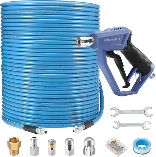 RIDGE WASHER Sewer Jetter Kit for Pressure Washer 200FT, 3600 PSI Drain Cleaning Hose with Short Pressure Washer Gun, 1/4 Inch NPT Corner, Rotating and Button Nose Sewer Jetting Nozzle