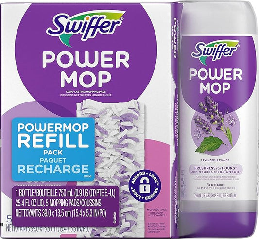 Swiffer Power Mop Refill Pack, Floor Cleaner for Mopping Tile, Vinyl, Laminate, Wood in Home, Bathroom, Kitchen, All Purpose Multi-Surface Cleaning, 5 Pads + 1 Lavender Solution