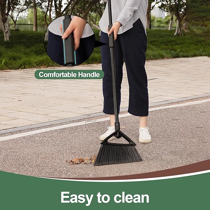 Eyliden Broom, Angle Broom with 57" Long Handle - Fit Heavy-Duty Cleaning, Also Works Well Fine Dust - Commercial Outdoor Indoor Sweeper for Courtyard, Sidewalk, Deck, Kitchen, Lobby, Garage, Black
