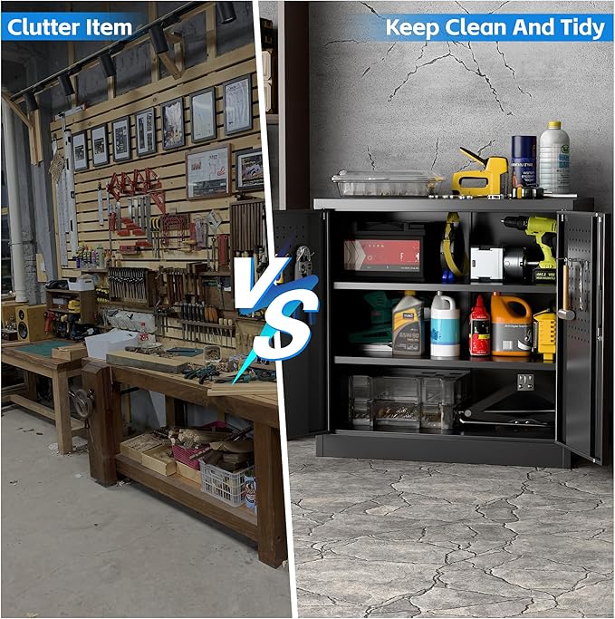 SUXXAN Metal Storage Cabinet with Pegboard 31.5”H×31.5”W×16.5”D, Lockable Rolling Steel Storage Cabinet with 2 Adjustable Shelves and Door for Garage, Office, Kitchen, Assembly Required(Black)