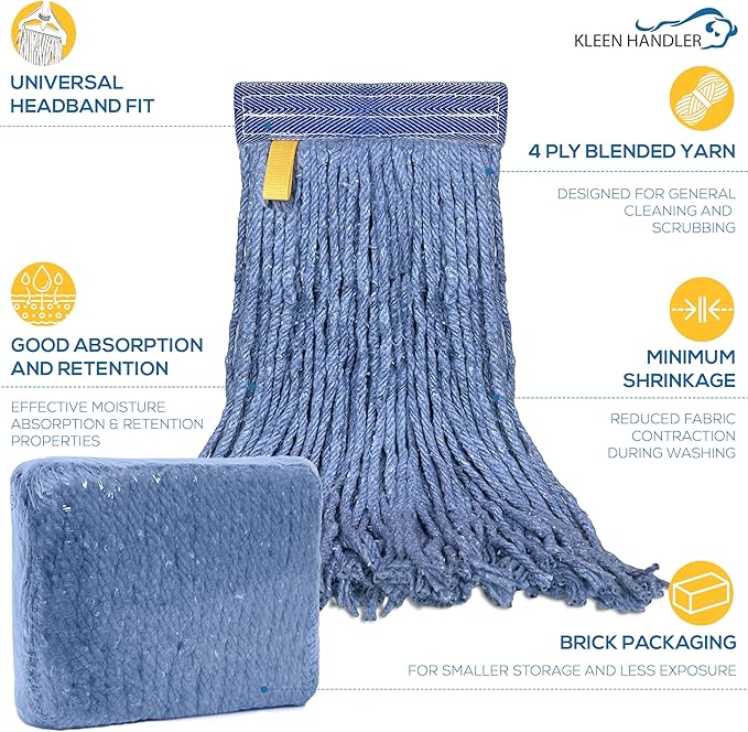 Pack of 24 Cut End Blended Mop Head Replacement, 1.25-inch Universal Headband, Wet Mop Refills, Blue, 16 Oz