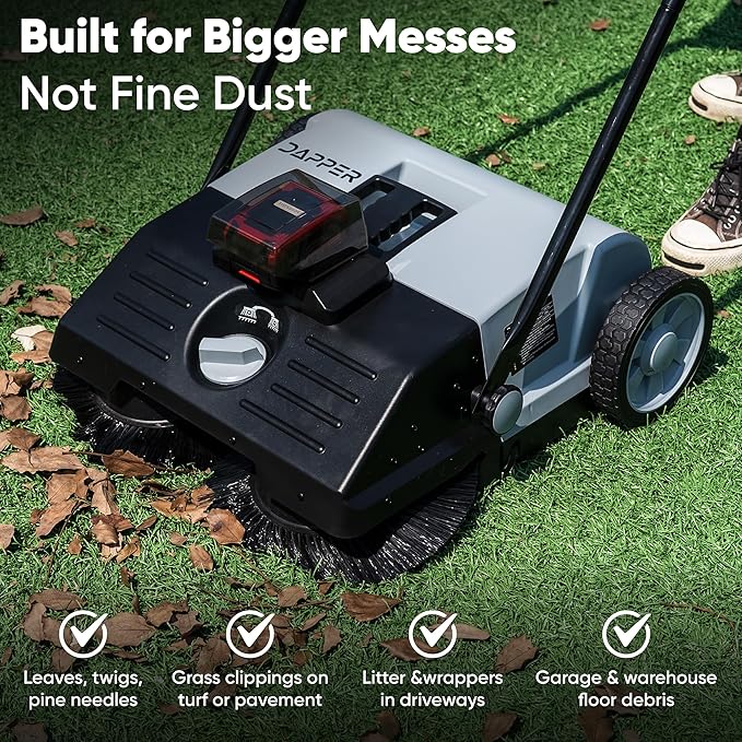 Battery Powered Artificial Grass & Hard Surface Sweeper, 22" Wide Cleaning Path, 6.5-Gal Bin, Adjustable Height, 4h Battery, Foldable, for Artificial Grass, Sidewalks, Driveways, Workshops, Garages