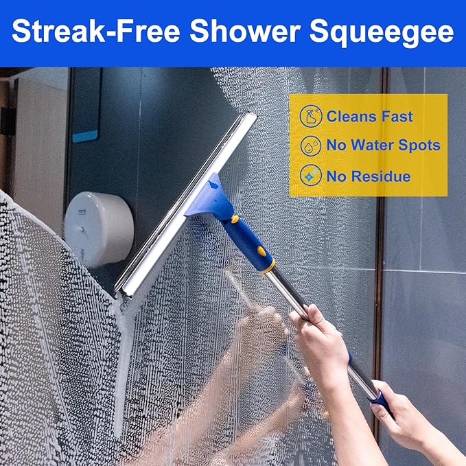 ITTAHO 14" Shower Squeegee for Glass Doors, All-Purpose Extendable Squeegee for Shower Glass with 2 Blades,Window Squeegee,Window Cleaner Tool for Shower Doors, Windows, Bathroom and Car Windshields