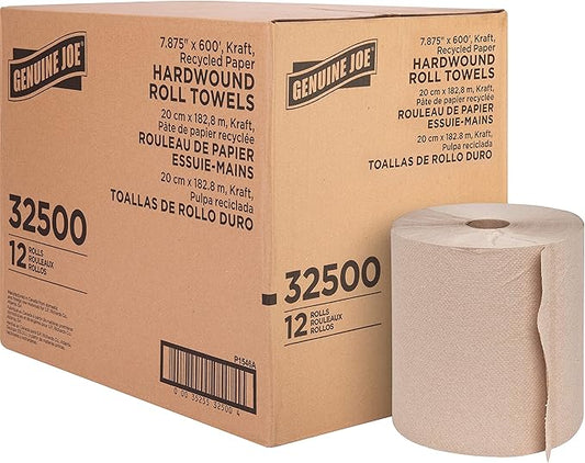 Genuine Joe Hardwound Roll Towels, Kraft, 7.9" x 600', 12 Count