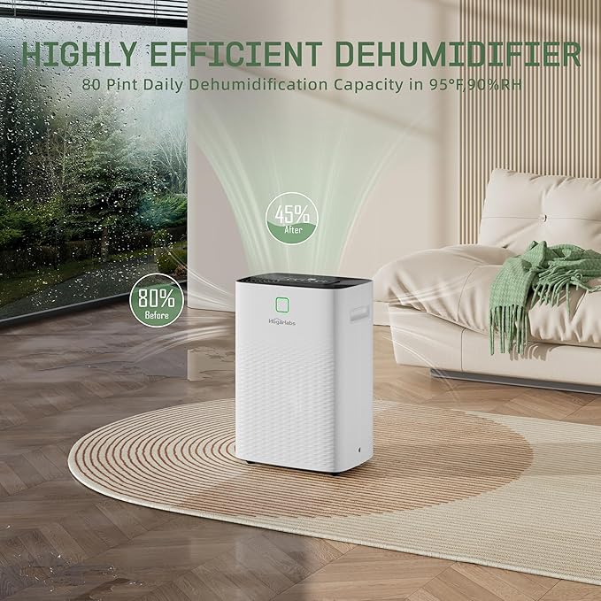 80 Pints Energy Star Dehumidifier Basement Home, Smart Silent Dehumidifier with Drain Hose, 1.32 Gal Water Tank, Intelligent Humidity Control, 24H Timer, for Large Room Bathroom Bedroom