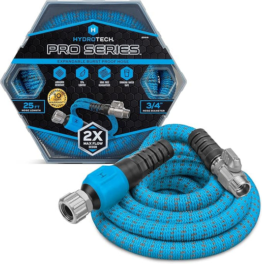 HydroTech 25 ft Expandable Garden Hose - Pro Series, 2x Max Flow, 3/4" No-Kink Flexibility, Lightweight Hose for Lawn, Garden, Car Washing, Deck and Patio Cleaning