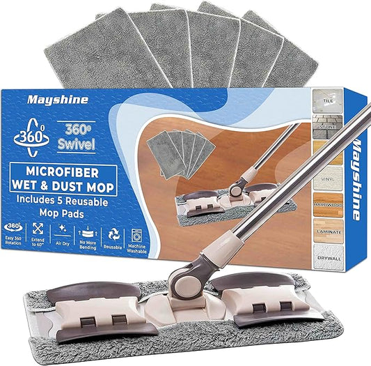 MAYSHINE Microfiber Hardwood Floor Wet and Dry Dust Mop w/ 5 Reusable Pads, 360 Spin Mop System | Use on Wood, Tile, Laminate, Vinyl and More | Flat Mop with 60" Extendable Stainless Steel Handle