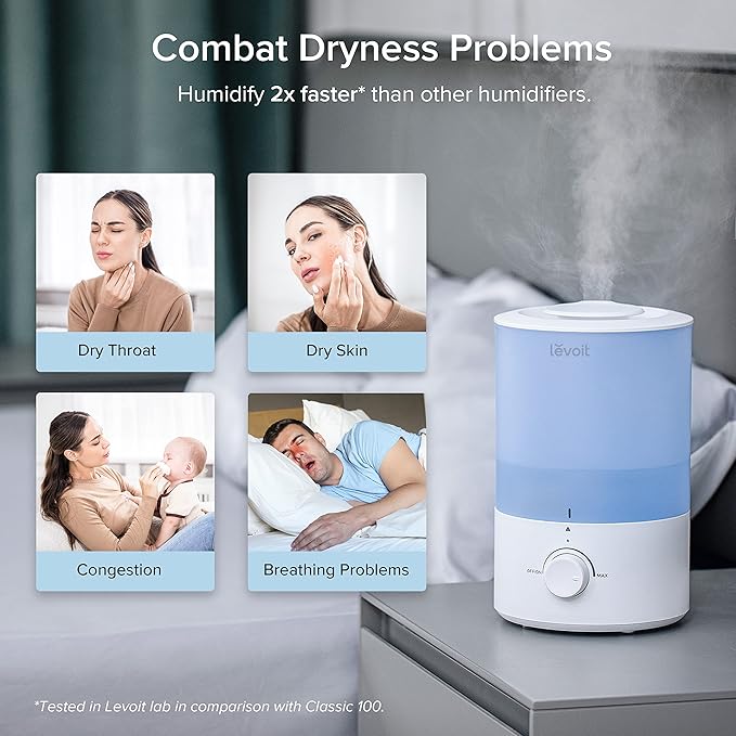 LEVOIT Dual 150 Humidifiers for Bedroom Large Room, 3L Cool Mist Top Fill Essential Oil Diffuser for Baby Nursery and Plants, 360° Nozzle, Quiet Rapid Ultrasonic Humidification for Home, Blue