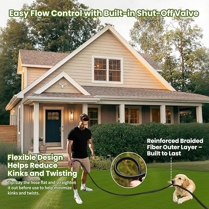 75ft Garden Hose – Lightweight & Flexible Water Hose, Leak-Proof Fabric & Non-Expandable with Shut-Off Valve for Yard, Outdoor Watering, Car Wash & RV