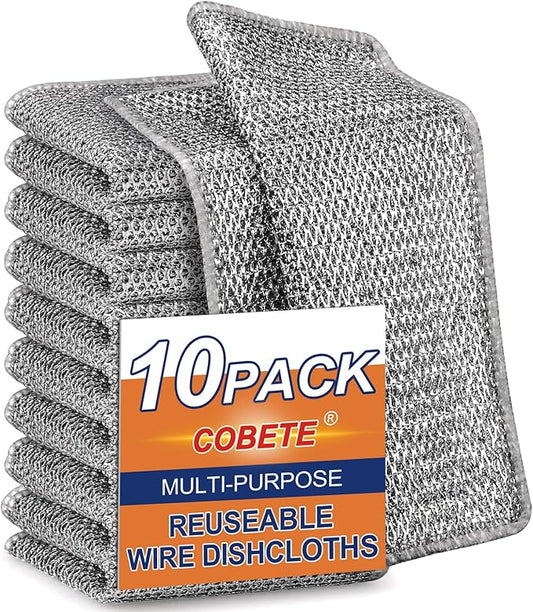COBETE Non Scratch Wire Dishcloth,Double-Layer Wire Dishwashing Rags for Wet and Dry,Wire Miracle Cleaning Towels and Dish Cloths Multipurpose for Washing Dishes,Cookware, Sinks,Stove Tops,Pack of 10