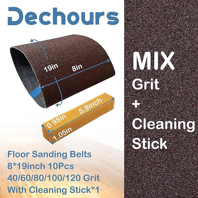 With Cleaning Stick | 8 x 19 Inch Sanding Belts, Assorted 40/60/80/100/120 Grit (10 Pack), EZ-8 Drum Sander Compatible, Aluminum Oxide Sandpaper for Hardwood Floor Sanding