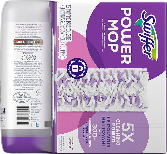 Swiffer Power Mop Refill Pack, Floor Cleaner for Mopping Tile, Vinyl, Laminate, Wood in Home, Bathroom, Kitchen, All Purpose Multi-Surface Cleaning, 5 Pads + 1 Lavender Solution