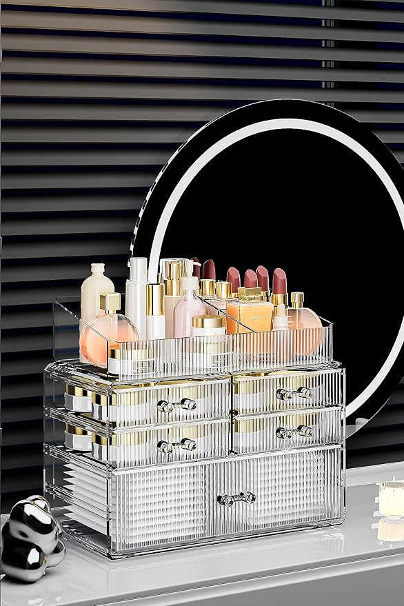 ZHIAI Stackable Organizer, Acrylic Cosmetic Organizer for Dresser, Vanity, Kitchen Cabinet, Bathroom, Under Sink, Home Organization and Storage (1 Top 5 Drawers)