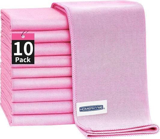 HOMERHYME Microfiber Cleaning Cloth - 10 Pack Glasses Cleaning Cloth, 16" x 14" Window Cleaning Rags, Streak Free Lint Free Polishing Cloths Wipes for Eye Glass, Stainless Steel, Windshield, Pink