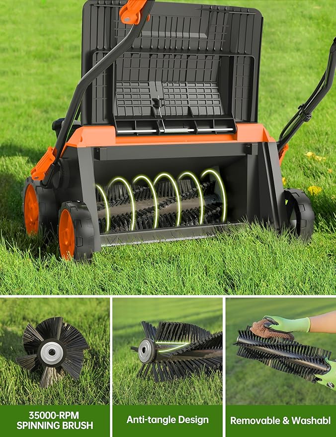 Aspiron 16” Artificial Turf Vacuum, 1800w Canister Vacuum Grass Sweeper 15 Amp Lawn Sweeper Yard Power Brush with 45L Removable Leaf Collection Bag, Quick-Fold, Keeps Clear Sweepy Box, Tangerine