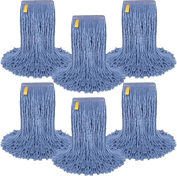 Pack of 6 Cut End Blended Mop Head Replacement, 1.25-inch Universal Headband, Wet Mop Refills, Blue, 16 Oz