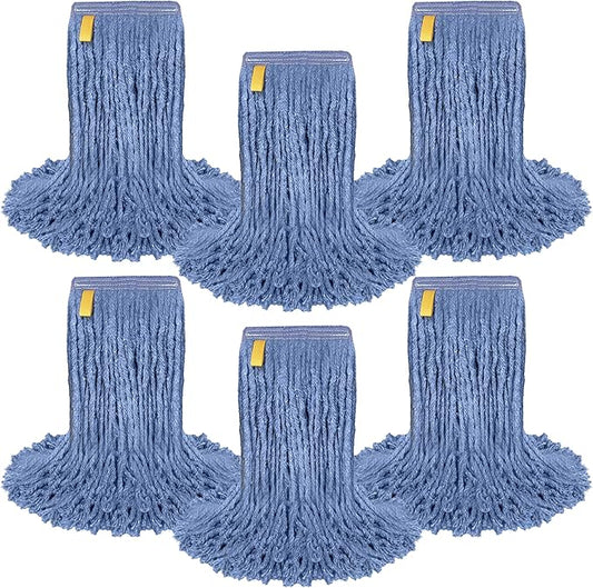 Pack of 6 Cut End Blended Mop Head Replacement, 1.25-inch Universal Headband, Wet Mop Refills, Blue, 16 Oz