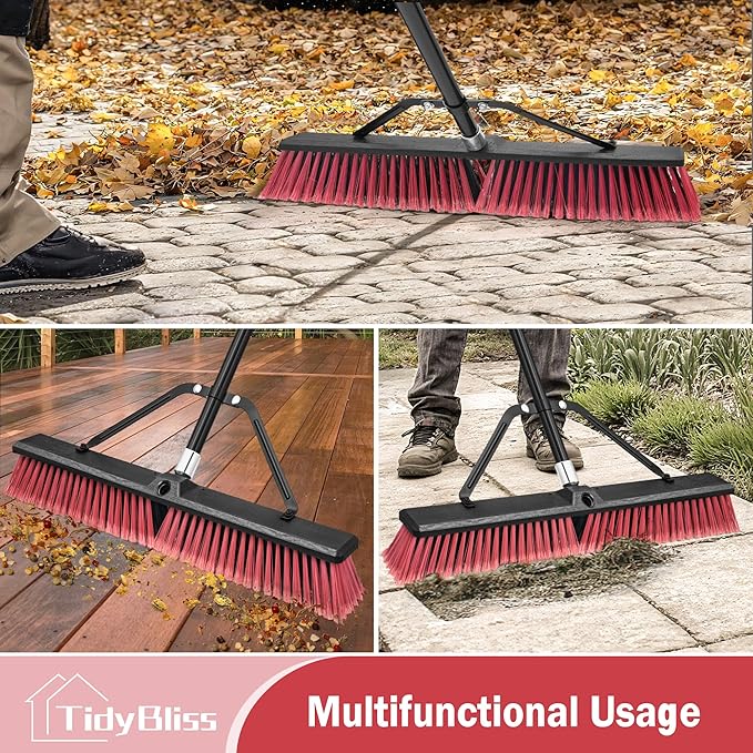 24” Push Broom Outdoor Heavy Duty 2 Pack, Large Commercial Stiff Bristle Brush with 63 inches Long Handle for Garage Shop Garden Yard Patio Deck Street Warehouse Lawn Driveway (Red)