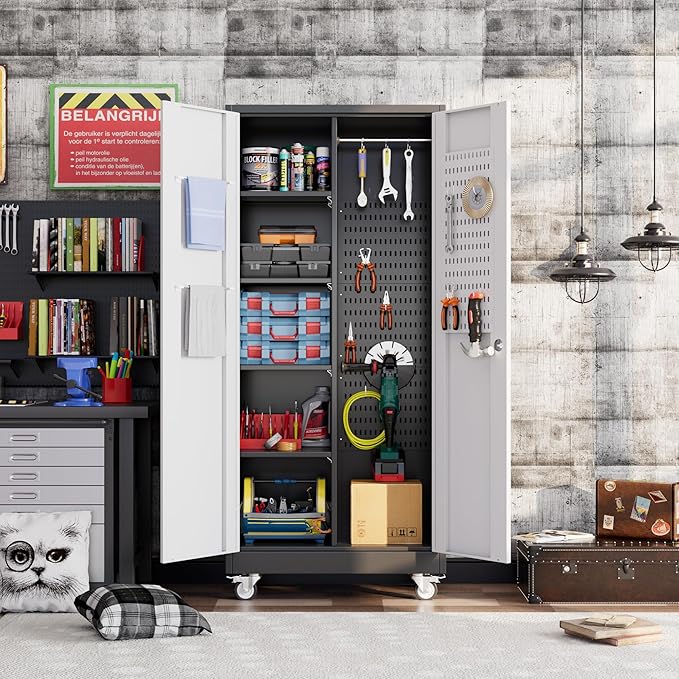 SUXXAN Broom Closet Storage Cabinet with Wheels 71.4"x 31.5"x15.7", Metal Cleaning Cabinets with Hooks and Hanging Rods, Lockable Cabinet with Pegboard, Adjustable Shelf(Black/White)