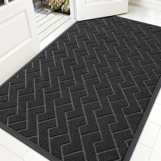 OLANLY Front Door Mat Indoor Outdoor Entrance, Waterproof All-Season, All-Weather Doormat, Sturdy Natural Rubber, Low Profile, Easy Clean Patio Porch Entryway Mat, Herringbone Brick (Black, 59x35)