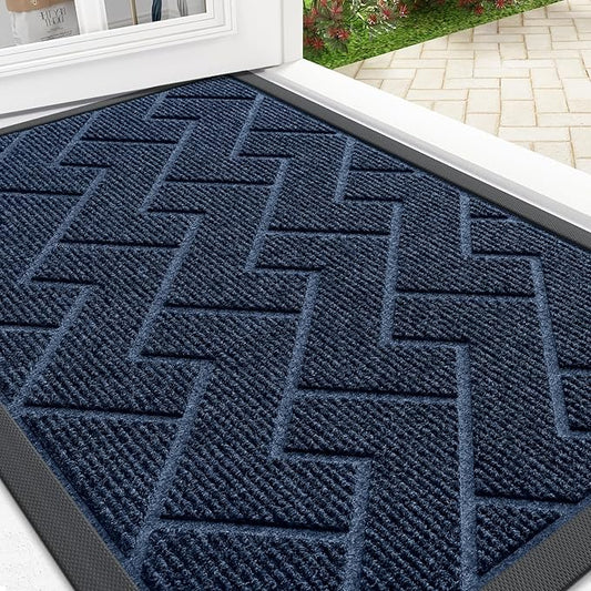 OLANLY Front Door Mat Indoor Outdoor Entrance, Waterproof All-Season, All-Weather Doormat, Sturdy Natural Rubber, Low Profile, Easy Clean Patio Porch Entryway Mat, Herringbone Brick (Blue, 29.5x17)